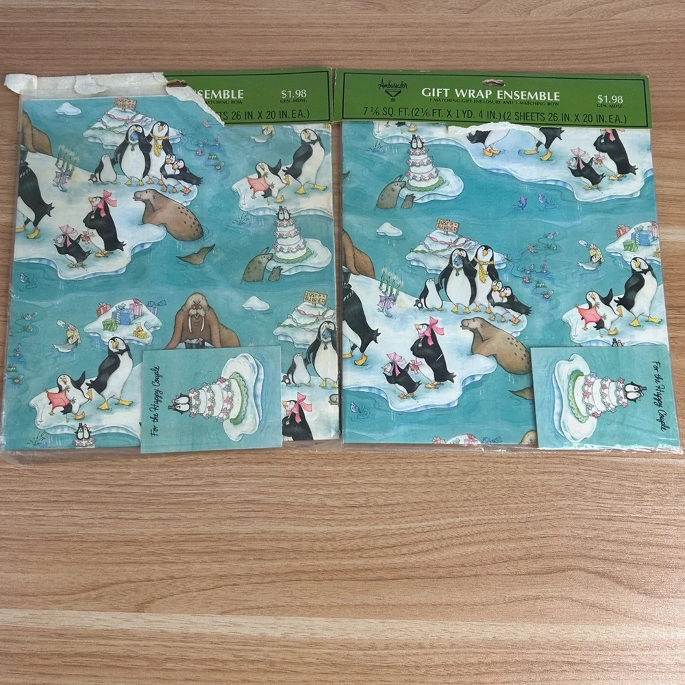 Vintage Wedding Wrapping Paper Blue Penguins Wedding Cake Set of 2 Hallmark